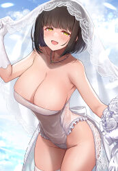Rule 34 | 1girl, :d, armpit crease, black hair, blush, breasts, bridal veil, cleavage, collarbone, dress, elbow gloves, flower, gloves, groin, highres, idolmaster, idolmaster cinderella girls, jewelry, large breasts, leotard, looking at viewer, mk (mod0), necklace, open mouth, outdoors, raised eyebrows, rose, short hair, smile, solo, takafuji kako, thighhighs, thighs, veil, wedding dress, white flower, white gloves, white leotard, white rose, white thighhighs, yellow eyes
