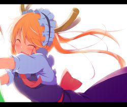 Rule 34 | 2girls, blonde hair, blush, bow, breasts, dragon girl, dragon horns, dress, closed eyes, fangs, horns, hug, hug from behind, kobayashi-san chi no maidragon, kobayashi (maidragon), kurai masaru, letterboxed, maid headdress, medium breasts, multiple girls, neck ribbon, open mouth, out of frame, ribbon, short hair with long locks, short sleeves, simple background, smile, solo focus, tohru (maidragon), twintails, upper body, white background