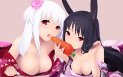 Rule 34 | 2girls, animal ears, bare shoulders, black hair, blush, breasts, cait aron, carrot, cleavage, closed eyes, collarbone, downblouse, flower, food, hair flower, hair ornament, highres, japanese clothes, kimono, large breasts, licking, long hair, lying, multiple girls, new year, no bra, on stomach, open mouth, original, rabbit ears, red eyes, sexually suggestive, short hair, tongue, wallpaper, white hair