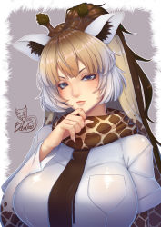 Rule 34 | 1girl, alternate breast size, animal ear fluff, animal ears, animal print, arm at side, black eyes, blackmoon, blonde hair, breast pocket, breasts, brown hair, brown necktie, closed mouth, fingernails, giraffe ears, giraffe horns, giraffe print, half-closed eyes, hand on own chin, hand up, head tilt, high ponytail, highres, horns, huge breasts, kemono friends, layered sleeves, light brown hair, light smile, lips, long fingernails, long hair, long sleeves, multicolored hair, necktie, pocket, print scarf, print sleeves, reticulated giraffe (kemono friends), scarf, shirt, short over long sleeves, short sleeves, signature, solo, thinking, upper body, white hair, white shirt