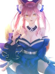 Rule 34 | 1girl, absurdres, animal ear fluff, animal ears, artist request, bare shoulders, blue kimono, blue ribbon, blue thighhighs, breasts, cleavage, collarbone, detached sleeves, fangs, fate/extra, fate/grand order, fate (series), fox ears, fox girl, fox shadow puppet, fox tail, hair ribbon, hand gesture, highres, huge filesize, japanese clothes, kimono, large breasts, looking at viewer, open mouth, pink hair, ribbon, shadow puppet, simple background, solo, tail, tamamo (fate), tamamo no mae (fate/extra), thighhighs, white background, yellow eyes