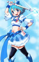 Rule 34 | 1girl, alternate costume, aono miki, blue eyes, blue footwear, blue hair, blue skirt, boots, color connection, cosplay, cure berry, cure berry (cosplay), fresh precure!, hair ornament, hairband, heart, heart hair ornament, hikari (mitsu honey), kitamura eri, knee boots, magical girl, mahou shoujo madoka magica, mahou shoujo madoka magica (anime), matching hair/eyes, midriff, miki sayaka, name connection, navel, precure, short hair, skirt, solo, strapless, thighhighs, tube top, voice actor connection, wand, zettai ryouiki