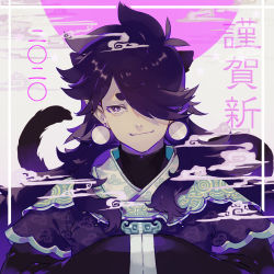 Rule 34 | 1boy, black hair, cloud, earrings, fengxi (the legend of luoxiaohei), hair over one eye, hands in opposite sleeves, jewelry, long hair, male focus, onitobico, pointy ears, purple eyes, shadow, smile, solo, tail, luo xiaohei zhanji, upper body