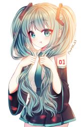Rule 34 | 1girl, :t, bad id, bad pixiv id, bare shoulders, black skirt, blush, closed mouth, collared shirt, comic, detached sleeves, grabbing another&#039;s hair, green eyes, green hair, green necktie, hair ornament, hatsune miku, highres, long hair, long sleeves, looking at viewer, mamel 27, necktie, pleated skirt, pout, shirt, signature, skirt, sleeveless, sleeveless shirt, solo, tie clip, very long hair, vocaloid, white shirt, wide sleeves