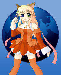 Rule 34 | 1girl, animal ears, bare shoulders, blonde hair, blue eyes, detached sleeves, fox ears, frills, long hair, looking at viewer, mozilla firefox, os-tan, personification, ribbon, smile, solo, thighhighs, zettai ryouiki