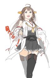 Rule 34 | 10s, 1girl, ahoge, bad id, bad pixiv id, bow, breasts, brown hair, brown thighhighs, cowboy shot, detached sleeves, double bun, english text, finger gun, hair bun, hand on own hip, headgear, highres, kantai collection, kongou (kancolle), looking at viewer, medium breasts, microskirt, nontraditional miko, open mouth, pleated skirt, pointing, pointing at viewer, ribbon-trimmed sleeves, ribbon trim, sakura sora, simple background, sketch, skirt, smile, solo, thighhighs, white background, wide sleeves, zettai ryouiki