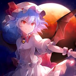 Rule 34 | &gt;:), 1girl, 60mai, bat wings, blue hair, brooch, commentary request, cowboy shot, dress, fang, fang out, hair between eyes, hat, hat ribbon, jewelry, looking at viewer, mob cap, moon, night, night sky, outdoors, pink dress, pink hat, puffy short sleeves, puffy sleeves, reaching, reaching towards viewer, red eyes, red ribbon, remilia scarlet, ribbon, short hair, short sleeves, sky, smile, solo, touhou, v-shaped eyebrows, wings