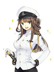 Rule 34 | 1girl, :d, admiral (kancolle), admiral (kancolle) (cosplay), alternate costume, blue eyes, breasts, brown hair, cosplay, double bun, gloves, hair bun, hao (patinnko), hat, highres, imperial japanese navy, kantai collection, katana, kongou (kancolle), large breasts, long hair, looking at viewer, military, military uniform, naval uniform, open mouth, peaked cap, simple background, smile, solo, sparkle, sword, uniform, weapon, white background, white gloves