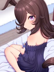 Rule 34 | 1girl, alternate costume, animal ears, bed, commentary request, cup, foot out of frame, hair over one eye, highres, hokuyukis, horse ears, horse girl, legs, long hair, looking at viewer, looking back, mug, pajamas, pov, purple eyes, rice shower (umamusume), sitting, smile, solo, umamusume