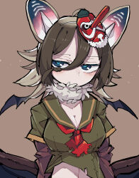 Rule 34 | 1girl, absurdres, animal ears, bat ears, bat girl, bat wings, blue eyes, blush, breasts, brown background, brown hair, cleavage, closed mouth, expressionless, gradient hair, highres, hilgendorf&#039;s tube-nose bat (kemono friends), kanmoku-san, kemono friends, large breasts, looking at viewer, multicolored hair, short hair, simple background, solo, upper body, wings