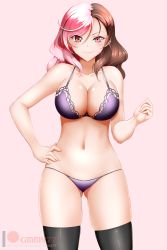 Rule 34 | 1girl, artist name, black thighhighs, blush, bra, breasts, brown eyes, brown hair, cleavage, collarbone, gluteal fold, hand on own hip, heterochromia, highres, kimmy77, large breasts, long hair, looking at viewer, multicolored hair, navel, neo politan, panties, pink eyes, pink hair, purple bra, purple panties, rwby, smile, solo, stomach, thighhighs, thighs, underwear