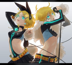 Rule 34 | 1boy, 1girl, alternate costume, aqua eyes, belt, blonde hair, breasts, brother and sister, cable, feather boa, gem, glowing, glowing eyes, hair ornament, hair ribbon, hairband, hairclip, kagamine len, kagamine rin, letterboxed, lipstick, long sleeves, makeup, microphone, microphone stand, midriff, navel, neon trim, nokuran, revision, ribbon, short hair, siblings, skin tight, small breasts, trap, vocaloid
