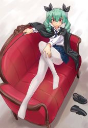 Rule 34 | 10s, 1girl, anchovy (girls und panzer), anzio school uniform, belt, black belt, black cape, black footwear, black necktie, black ribbon, black skirt, cape, closed mouth, commentary, couch, dress shirt, drill hair, feet, girls und panzer, green hair, hair ribbon, hand on own leg, holding, holding riding crop, loafers, long hair, long sleeves, looking at viewer, lying, miniskirt, necktie, on back, pantyhose, pleated skirt, red eyes, ribbon, riding crop, school uniform, shirt, shoes, skirt, smile, solo, twin drills, twintails, unworn shoes, uona telepin, white pantyhose, white shirt
