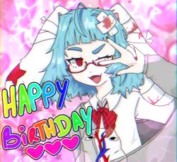 Rule 34 | 1girl, ;d, @ @, ahoge, animal ears, bandages, blood, bloody bandages, blouse, blue hair, blunt bangs, bow, fang, happy birthday, indie virtual youtuber, light blue hair, lop rabbit ears, miaelou (artist), off-shoulder sweater, off shoulder, one eye closed, open mouth, para (vtuber), para (vtuber) (3rd costume), parasite (para), rabbit ears, red-framed eyewear, red eyes, semi-rimless eyewear, shirt, short hair, smile, sweater, thick eyebrows, upper body, w, w over eye, white shirt