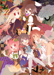 Rule 34 | 5girls, :o, ahoge, bat (animal), black hair, black ribbon, blonde hair, boots, brown eyes, brown hair, crescent, crescent hair ornament, cross-laced footwear, doughnut, dress, eating, food, food in mouth, hair ornament, hair ribbon, halloween costume, hat, jack-o&#039;-lantern, jack-o&#039;-lantern hair ornament, kantai collection, lace-up boots, libeccio (kancolle), long hair, looking at viewer, multicolored hair, multiple girls, naganami (kancolle), one eye closed, open mouth, pantyhose, pink eyes, pink hair, red eyes, ribbon, sailor dress, shirt, short sleeves, suzushiro kurumi, tokitsukaze (kancolle), twintails, uzuki (kancolle), white shirt, witch hat, yuudachi (kancolle)