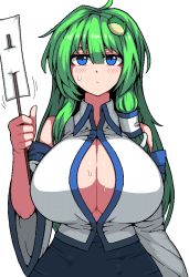 Rule 34 | 1girl, blue eyes, breasts, cleavage, closed mouth, collared shirt, formicid, green hair, kochiya sanae, large breasts, long hair, nontraditional miko, shirt, simple background, single sidelock, sleeveless, sleeveless shirt, solo, touhou, white background, white shirt