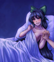Rule 34 | 1girl, afterglow, bed, bed sheet, black hair, blush, bow, breasts, dark room, hair bow, hair ornament, happy, holding hands, interlocked fingers, long hair, looking at viewer, lying, monorus, night, on bed, pillow, pov, pov across bed, red eyes, reiuji utsuho, smile, touhou, under covers, very long hair