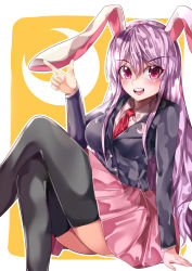 Rule 34 | 1girl, absurdres, animal ears, black jacket, black thighhighs, blazer, blouse, breasts, collared shirt, commentary request, crescent, feet out of frame, finger gun, highres, jacket, long hair, long sleeves, looking at viewer, mahoro (minase mahoro), medium breasts, necktie, open mouth, pink eyes, pink skirt, pleated skirt, purple hair, rabbit ears, red necktie, reisen udongein inaba, shirt, simple background, skirt, solo, teeth, thighhighs, touhou, upper teeth only, very long hair, white shirt, yellow background