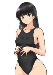 Rule 34 | 1girl, amagami, ayatsuji tsukasa, black eyes, black hair, black one-piece swimsuit, commentary request, competition swimsuit, highres, korean commentary, long hair, looking at viewer, one-piece swimsuit, simple background, solo, swimsuit, upper body, white background, yoo tenchi