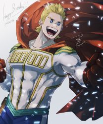 Rule 34 | 1boy, blonde hair, blue eyes, bodysuit, boku no hero academia, cape, covered abs, gloves, happy birthday, highres, light particles, mahoubin (totemo hot dayo), male focus, open mouth, pectorals, red cape, red gloves, short hair, sideburns, smile, solo, spiked hair, teeth, togata mirio, toned, toned male, tongue, upper body, white bodysuit, wind