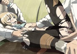 Rule 34 | 10s, 1girl, 2boys, arm grab, arm up, black pantyhose, blonde hair, blush, grabbing another&#039;s breast, breasts, censored, clothes lift, grabbing, hetero, kizaki asuna, leg grab, leg up, lostunicorn, lying, marker (medium), mosaic censoring, multiple boys, navel, nipples, occultic;nine, on back, open clothes, open mouth, pantyhose, rape, sex, shirt lift, short hair, small breasts, solo focus, spread legs, tears, torn clothes, torn legwear, traditional media, vaginal