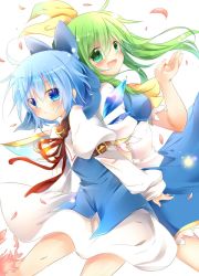 Rule 34 | 2girls, adapted costume, ahoge, arm belt, arm up, armband, back-to-back, bad id, bad pixiv id, blue eyes, blue hair, bow, buckle, cherry blossoms, cirno, daiyousei, dress, fairy wings, female focus, green eyes, green hair, hair bow, juliet sleeves, kazato fuuchi, kazeshiro kazeto, light particles, long hair, long sleeves, looking at viewer, multiple girls, open hand, open mouth, puffy sleeves, ribbon, short sleeves, side ponytail, simple background, smile, touhou, white background, wind, wings