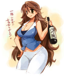 Rule 34 | 00s, 1girl, alcohol, blush, breasts, brown hair, cleavage, cropped legs, gundam, gundam 00, hand on own hip, heart, large breasts, long hair, okome rice, sleeveless, solo, sumeragi lee noriega, very long hair, white background