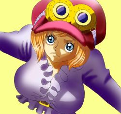 Rule 34 | 1girl, artist request, belt, belt buckle, blue eyes, breasts, buckle, closed mouth, determined, furrowed brow, goggles, hat, highres, koala (one piece), large breasts, looking at viewer, looking up, one piece, orange hair, outstretched arms, serious, short hair, solo, source request, upper body