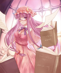 Rule 34 | 1girl, absurdres, bespectacled, blunt bangs, book, bow, breasts, capelet, cleavage, crescent, crescent hair ornament, dress, glasses, hair bow, hair ornament, hat, highres, juunanaban, long hair, looking at viewer, mob cap, pages, parted lips, patchouli knowledge, purple eyes, purple hair, solo, touhou