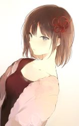 Rule 34 | 1girl, blush, breasts, brown hair, collarbone, copyright request, dutch angle, eyelashes, flower, gradient background, hair flower, hair ornament, jacket, light smile, lpip, open clothes, open jacket, parted lips, pink jacket, red shirt, shirt, short hair, small breasts, solo, upper body, white background