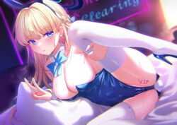Rule 34 | 1girl, animal ears, blonde hair, blue archive, blue eyes, blue leotard, bow, bowtie, breasts, cleavage, detached collar, fake animal ears, fake tail, halo, high heels, highres, large breasts, leotard, long hair, looking at viewer, medium breasts, official alternate costume, partially visible vulva, playboy bunny, rabbit ears, rabbit tail, solo, strapless, strapless leotard, sweat, tail, thighhighs, togami (tobysou526), toki (blue archive), toki (bunny) (blue archive), v, very long hair, white thighhighs, wrist cuffs