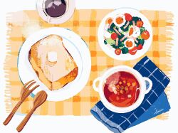 Rule 34 | bread, butter, coccolemon, coffee, coffee cup, cup, disposable cup, egg, food, fork, from above, highres, no humans, original, plaid towel, salad, saucer, signature, soup, spoon, steam, tomato