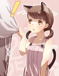Rule 34 | !, 1boy, 1girl, animal ears, atlus, bad id, bad pixiv id, cat ears, cat tail, chick74, child, doujima nanako, dress, narukami yuu, outline, persona, persona 4, pink background, short twintails, solo focus, tail, twintails