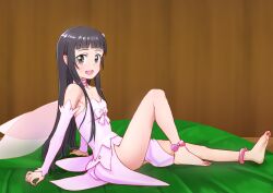 Rule 34 | 1girl, 2021, 20s, bare legs, bare shoulders, barefoot, black hair, brown eyes, burning raccoon dog, child, collarbone, dress, fairy, fairy wings, female focus, flat chest, flower, from side, full body, gradient background, hair flower, hair ornament, indoors, long hair, looking at viewer, neck ribbon, open mouth, pink dress, ribbon, sitting, smile, solo, sword art online, toes, wings, yui (sao)