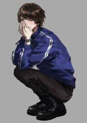 Rule 34 | 1boy, absurdres, black footwear, black pants, blue jacket, blush, boots, bracelet, brown hair, commentary request, covering own mouth, full body, grey background, hands up, highres, jacket, jewelry, jiz (pffbq), kiyo (youtuber), long sleeves, looking at viewer, male focus, pants, real life, red eyes, short hair, simple background, solo, squatting