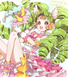 Rule 34 | 1girl, :d, ao (ao0 0nemu), bad id, bad twitter id, character name, colored eyelashes, commentary request, dress, drill hair, falulu, falulu (awakened), forehead jewel, frilled dress, frills, gloves, green hair, happy birthday, headphones, highres, idol clothes, knees up, long hair, open mouth, parted bangs, pretty series, pripara, shoes, sidelocks, sitting, smile, twintails, unicorn (pripara), very long hair, white dress, white footwear, white gloves, wing hair ornament