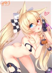 Rule 34 | 1girl, :d, animal ears, artist name, ass, black gloves, blonde hair, blue eyes, blush, bow, braid, breasts, brown background, cat ears, checkered bow, checkered clothes, cleavage, collarbone, commentary request, fang, g41 (girls&#039; frontline), girls&#039; frontline, gloves, gmkj, hair between eyes, hair bow, hair ornament, hand up, heart, heterochromia, highres, leaning forward, long hair, looking at viewer, nude, open mouth, paw pose, pink ribbon, pixiv id, red eyes, ribbon, side braid, signature, single braid, small breasts, smile, solo, twintails, two-tone background, very long hair, white background