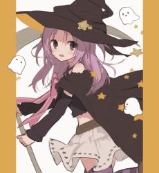 Rule 34 | 1girl, bare shoulders, black cape, black hat, black shirt, black sleeves, blush, bow, boyano, cape, crop top, detached sleeves, ghost, grey skirt, hat, holding, long hair, long sleeves, looking at viewer, looking to the side, magia record: mahou shoujo madoka magica gaiden, mahou shoujo madoka magica, midriff, misono karin, open mouth, parted bangs, pink bow, print skirt, purple hair, red eyes, shirt, skirt, solo, standing, standing on one leg, star (symbol), star print, striped clothes, striped thighhighs, thighhighs, two side up, witch hat