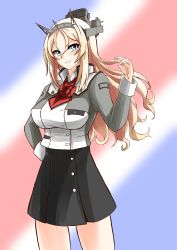 Rule 34 | 1girl, absurdres, blonde hair, blue eyes, blurry, blurry background, breasts, cowboy shot, flower, grey skirt, headgear, highres, kantai collection, large breasts, long hair, long sleeves, looking at viewer, military, military uniform, nelson (kancolle), parted lips, red flower, red rose, remodel (kantai collection), rose, skirt, solo, standing, striped, striped background, suke (share koube), uniform