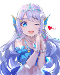 Rule 34 | 1girl, blue eyes, doris (hololive), fins, head fins, hololive, hololive china, long hair, looking at viewer, open mouth, smile, solo, virtual youtuber, wawako mama, white background