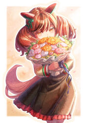 Rule 34 | 1girl, animal ears, black dress, border, bouquet, brown eyes, covering own mouth, cow, creape, dress, ear covers, flower, highres, holding, holding bouquet, horse ears, horse girl, horse tail, juliet sleeves, long sleeves, looking at viewer, nice nature (umamusume), puffy sleeves, red hair, solo, tail, twintails, umamusume, white border