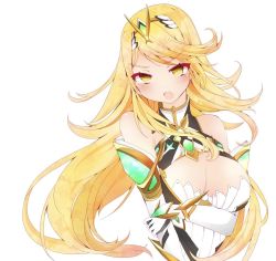 Rule 34 | 1girl, breasts, cleavage, cleavage cutout, clothing cutout, gem, gold trim, green gemstone, highres, merle (artist), mythra (xenoblade), nintendo, solo, swept bangs, tagme, xenoblade chronicles (series), xenoblade chronicles 2