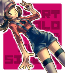Rule 34 | 00s, 1girl, bad id, bad pixiv id, brown eyes, brown hair, cabbie hat, copyright name, creatures (company), game freak, hat, hat ribbon, holding, holding poke ball, kneehighs, lyra (pokemon), nintendo, one eye closed, overalls, poke ball, pokemon, pokemon hgss, red ribbon, ribbon, short twintails, socks, solo, thighhighs, tomone, twintails, white socks, white thighhighs, wink
