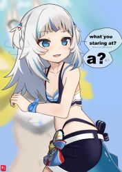 1girl a_(phrase) absurdres belt bikini bikini_under_shorts blue_eyes blue_hair blue_shorts blurry blurry_background breasts english_text fins fish_tail fitness_boxing fitness_boxing_feat._hatsune_miku:_isshoni_exercise gawr_gura grey_hair hair_ornament hatsune_miku highres hololive hololive_english johnny_(braun-kan_cafe) long_hair multicolored_hair navel shark_girl shark_hair_ornament shark_tail sharp_teeth shorts small_breasts speech_bubble striped_bikini striped_clothes swimsuit tail teeth virtual_youtuber vocaloid white_belt wristband