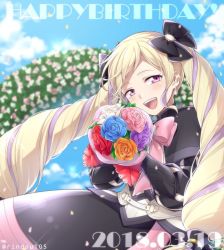 Rule 34 | 1girl, 2018, armor, blonde hair, day, dress, drill hair, elise (fire emblem), fire emblem, fire emblem fates, flower, gloves, hiyori (rindou66), long hair, looking at viewer, nintendo, open mouth, purple eyes, sky, solo, twin drills, twintails