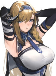 Rule 34 | 1girl, absurdres, arknights, arm strap, armpits, arms up, bare shoulders, black gloves, blonde hair, blue eyes, blue hairband, blue necktie, braid, breasts, commentary, elbow gloves, gloves, hairband, highres, horns, large breasts, long hair, looking at viewer, mari0ball, necktie, parted lips, pointy ears, saileach (arknights), shirt, simple background, solo, strapless, strapless shirt, upper body, very long hair, white background, white shirt