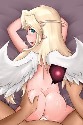 Rule 34 | 1boy, 1girl, all fours, angel, angel wings, anus, aqua eyes, ass, ass grab, back, blonde hair, blue eyes, cum, cum in pussy, cum overflow, doggystyle, fertilization, from above, halo, heavy breathing, hetero, highres, ilias, impregnation, long hair, looking at viewer, looking back, mon-musu quest!, motion lines, nude, on bed, open mouth, ovum, pointy ears, pov, pov hands, sex, sex from behind, solo focus, sperm cell, spread legs, teeth, thundragon, upper teeth only, vaginal, very long hair, wings