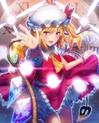 Rule 34 | 1girl, arm up, ascot, blonde hair, blush, clock, commentary request, contrapposto, cowboy shot, danmaku, embodiment of scarlet devil, fang, flandre scarlet, frilled skirt, frills, hair between eyes, hat, hat ribbon, highres, laevatein, light particles, looking at viewer, mikomiko (mikomikosu), mob cap, open hand, open mouth, outstretched hand, puffy short sleeves, puffy sleeves, red eyes, red skirt, red vest, ribbon, roman numeral, short sleeves, side ponytail, skirt, skirt hold, solo, standing, touhou, vest, wings, wrist cuffs