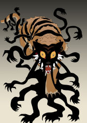 Rule 34 | absurdres, animal focus, claws, commentary request, constricted pupils, dream tiger (govy9807), from above, full body, gradient background, grey background, headaxe4862, highres, korean commentary, living shadow, looking at viewer, monster, no humans, open mouth, original, sharp teeth, simple background, solo, teeth, tiger, tusks, walking, yellow eyes