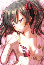 Rule 34 | 10s, 1girl, 2013, alto seneka, blush, bow, bow bra, bra, breasts, brown hair, circle name, cleavage, collarbone, english text, eyelashes, hair ribbon, heart, jacket, long hair, looking away, love live!, love live! school idol project, medium breasts, off shoulder, open clothes, open mouth, open shirt, parted lips, red eyes, revision, ribbon, shirt, sleeves past wrists, solo, striped bra, striped clothes, twintails, underwear, upper body, yazawa nico